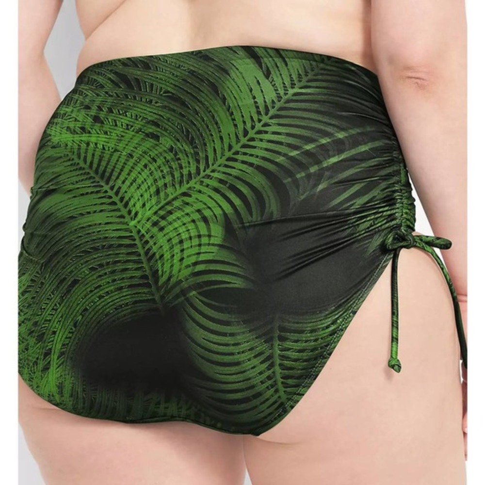 Swim by Cacique Women Green Palm Print Ruched High Waist Bikini Bottoms Size 32